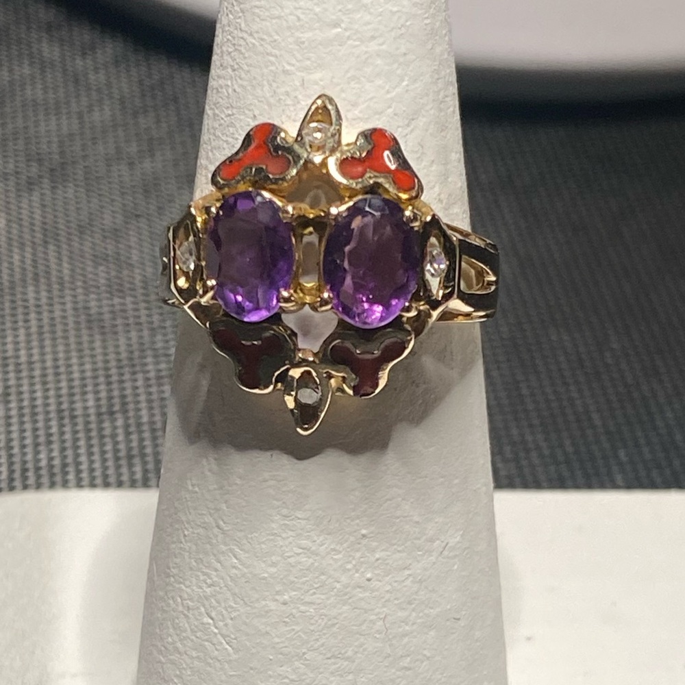 14kt gold diamond, amethyst and enameled bohemian ring